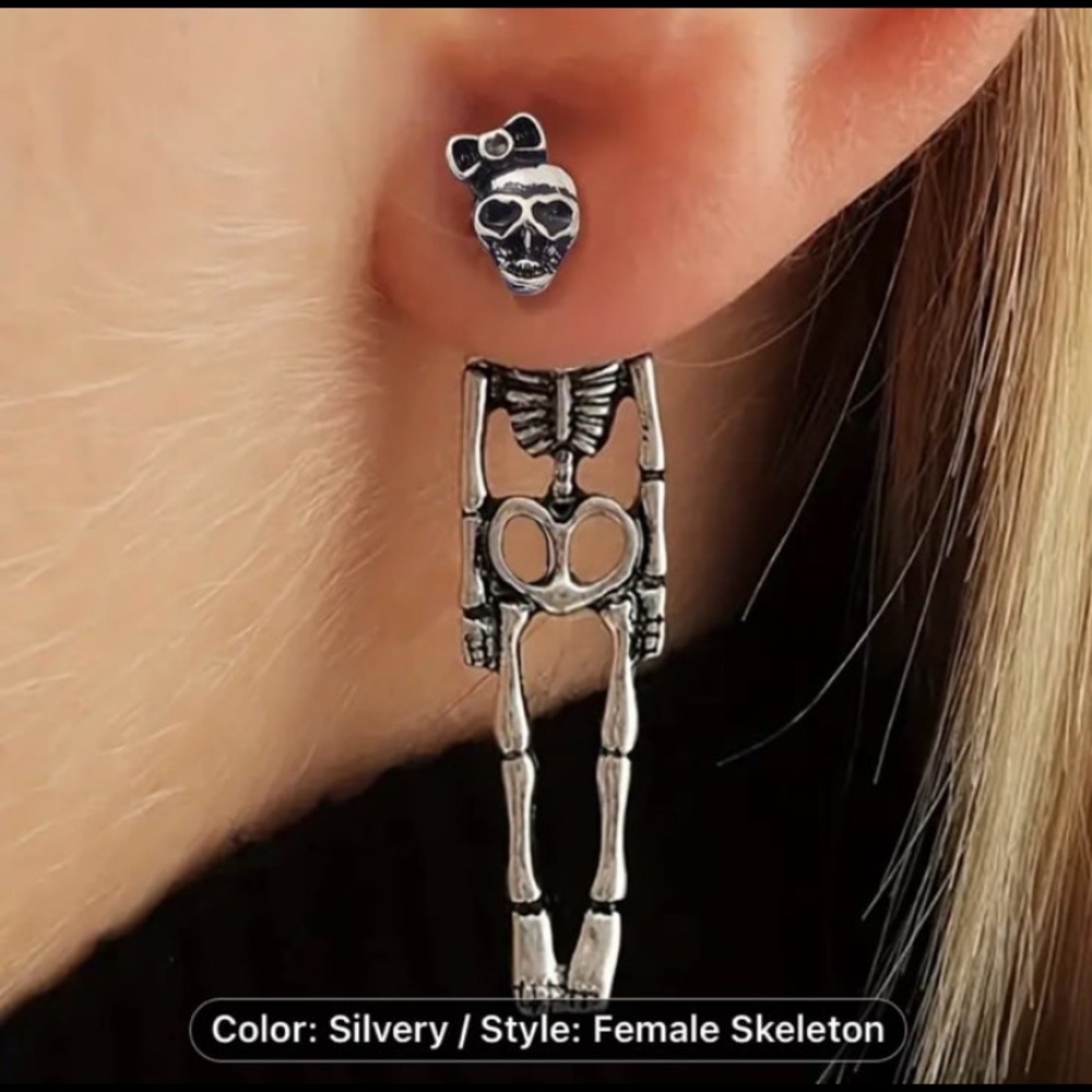 New! Female Skeleton - Silver Color - Gothic Skull Skeleton Hanging Earrings